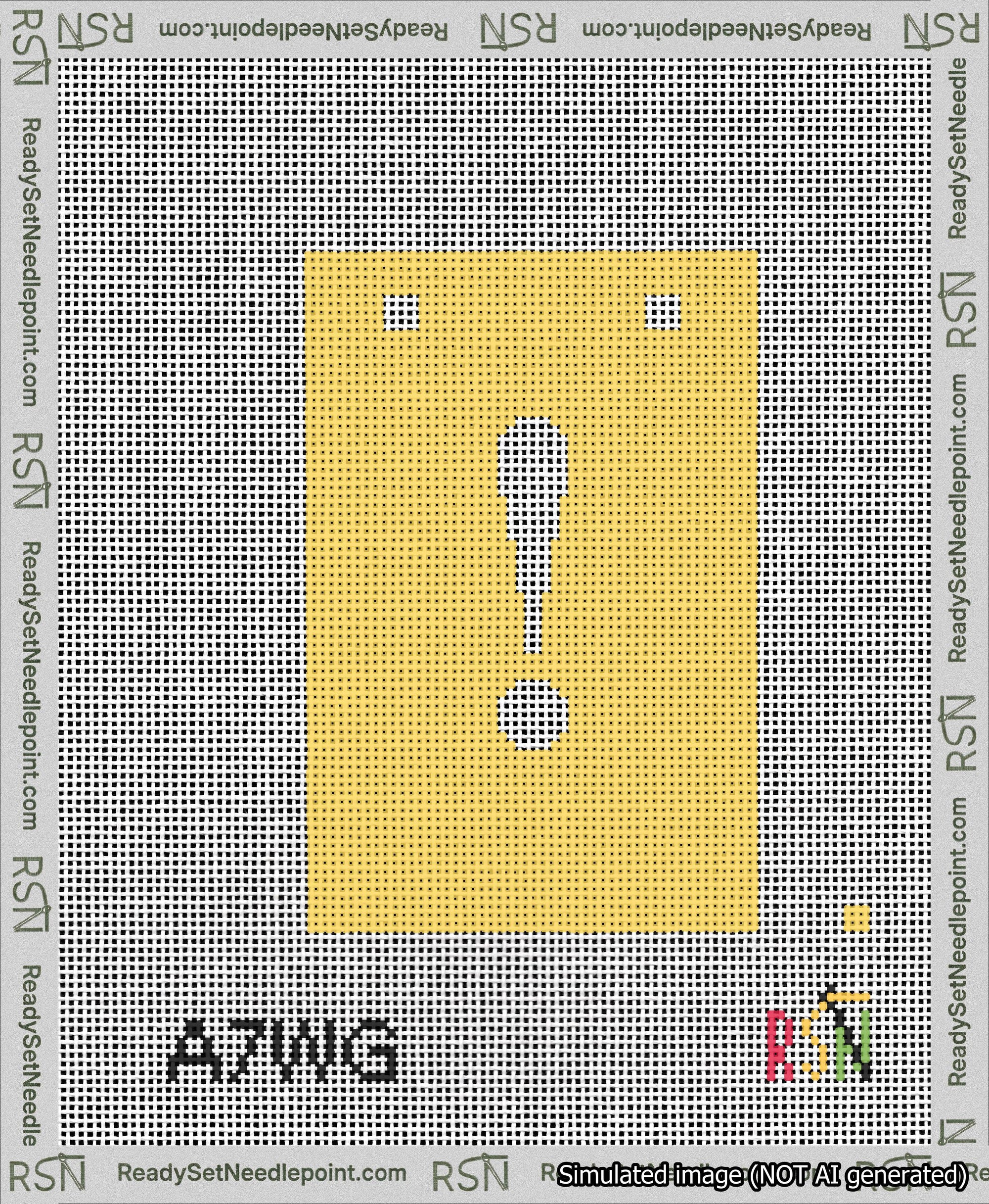 A taped needlepoint canvas with the design: Banner 13 mesh count Squared Exclamation White on Yellow.