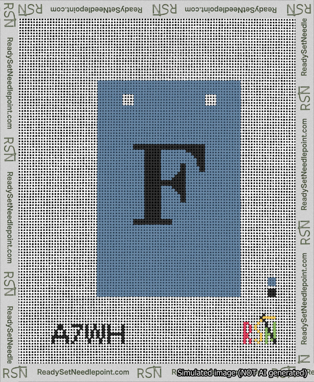 A taped needlepoint canvas with the design: Banner 13 mesh count Squared F Black on Blue.