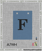 A taped needlepoint canvas with the design: Banner 13 mesh count Squared F Black on Blue.