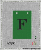 A taped needlepoint canvas with the design: Banner 13 mesh count Squared F Black on Green.