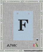 A taped needlepoint canvas with the design: Banner 13 mesh count Squared F Black on Light Blue.