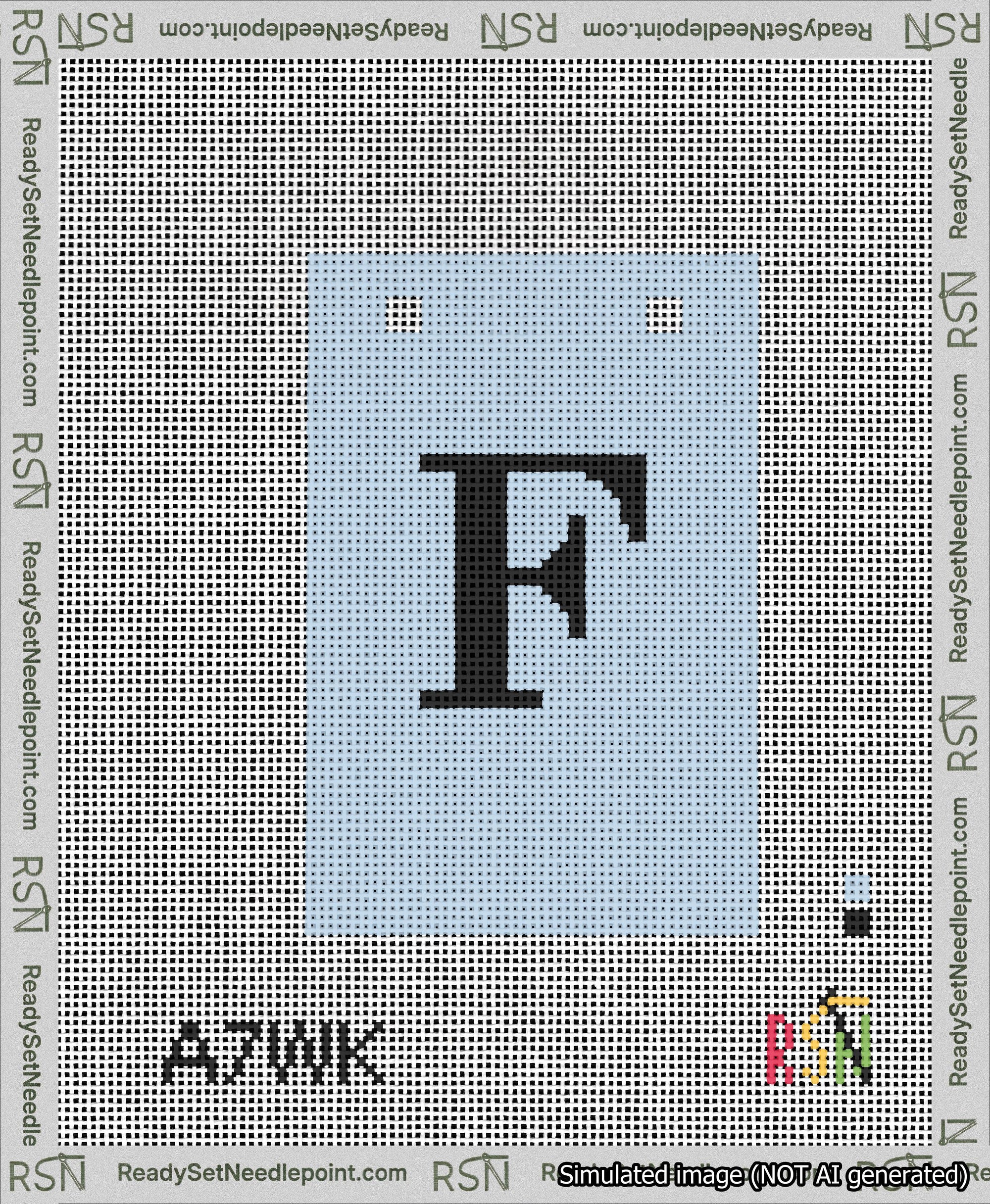 A taped needlepoint canvas with the design: Banner 13 mesh count Squared F Black on Light Blue.