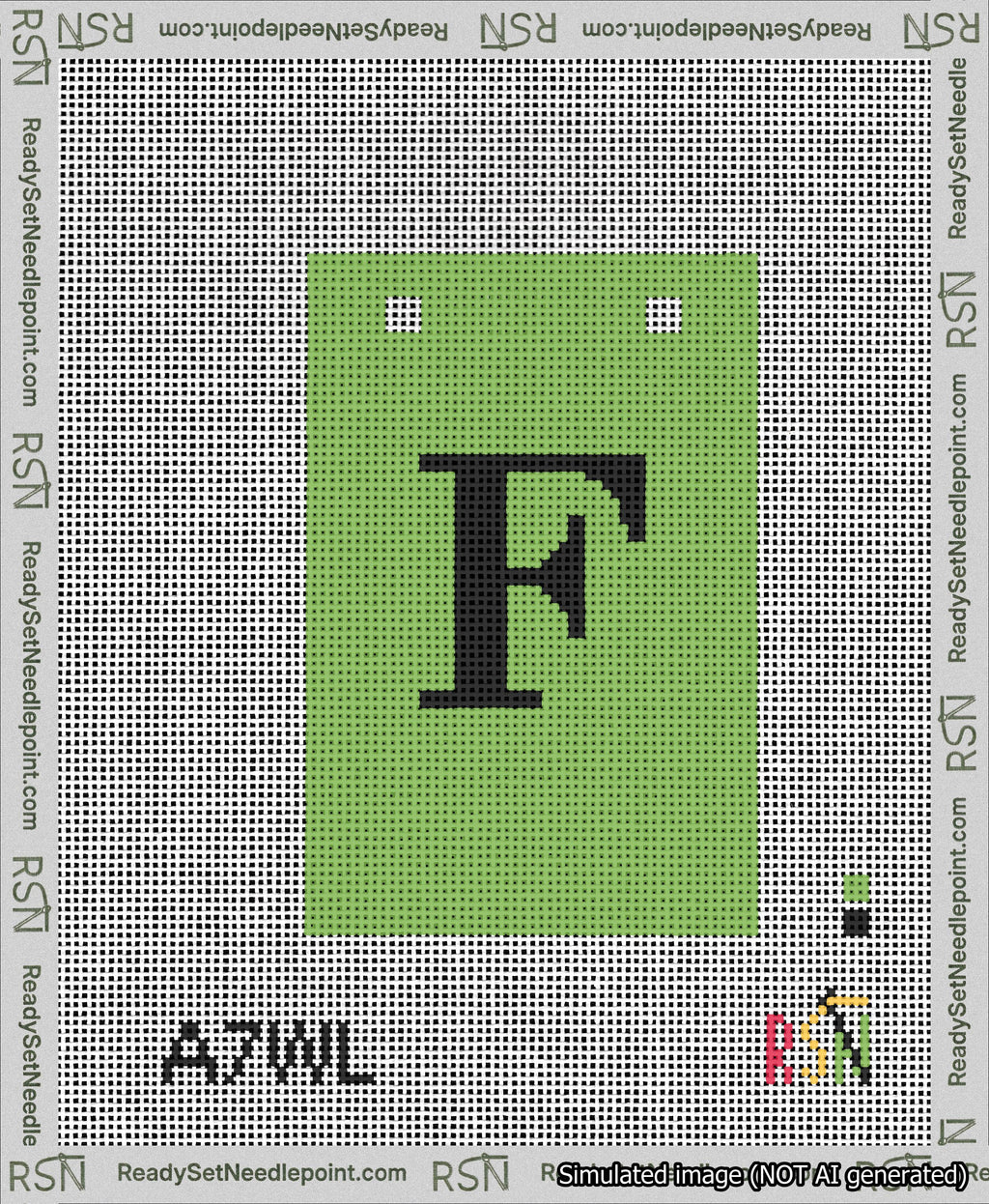 A taped needlepoint canvas with the design: Banner 13 mesh count Squared F Black on Light Green.