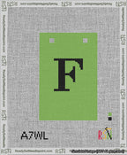 A taped needlepoint canvas with the design: Banner 13 mesh count Squared F Black on Light Green.