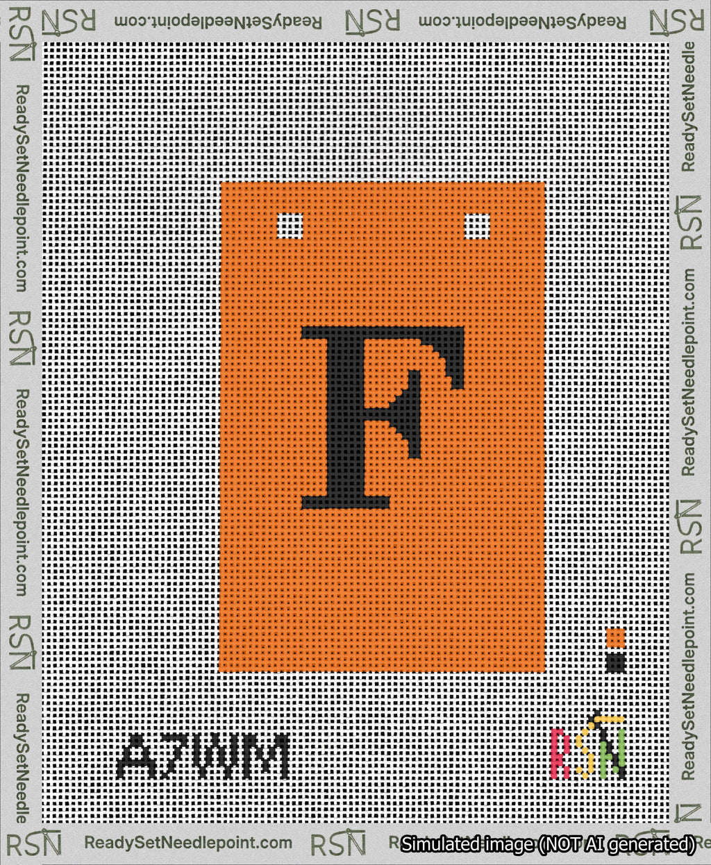 A taped needlepoint canvas with the design: Banner 13 mesh count Squared F Black on Orange.