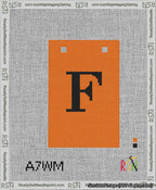 A taped needlepoint canvas with the design: Banner 13 mesh count Squared F Black on Orange.
