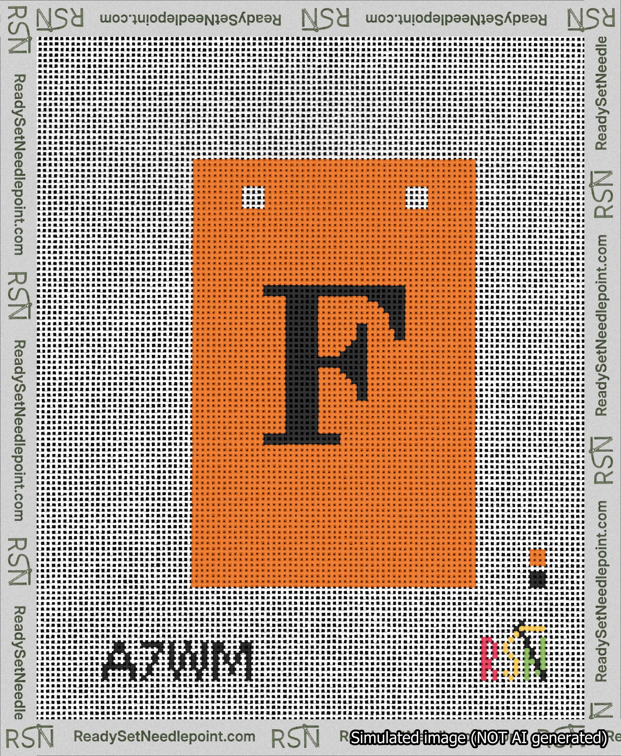 A taped needlepoint canvas with the design: Banner 13 mesh count Squared F Black on Orange.