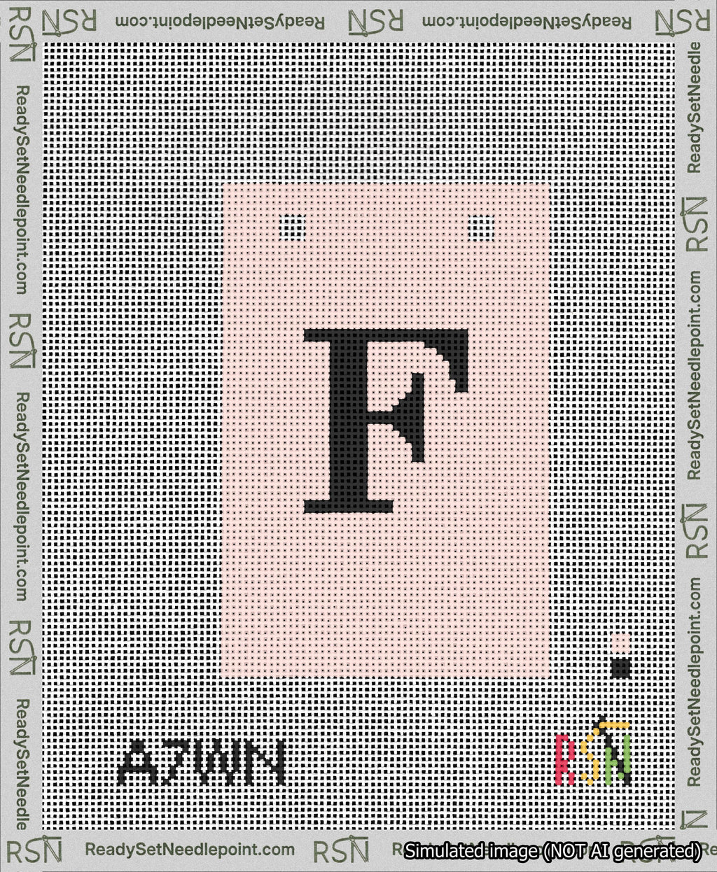 A taped needlepoint canvas with the design: Banner 13 mesh count Squared F Black on Pink.