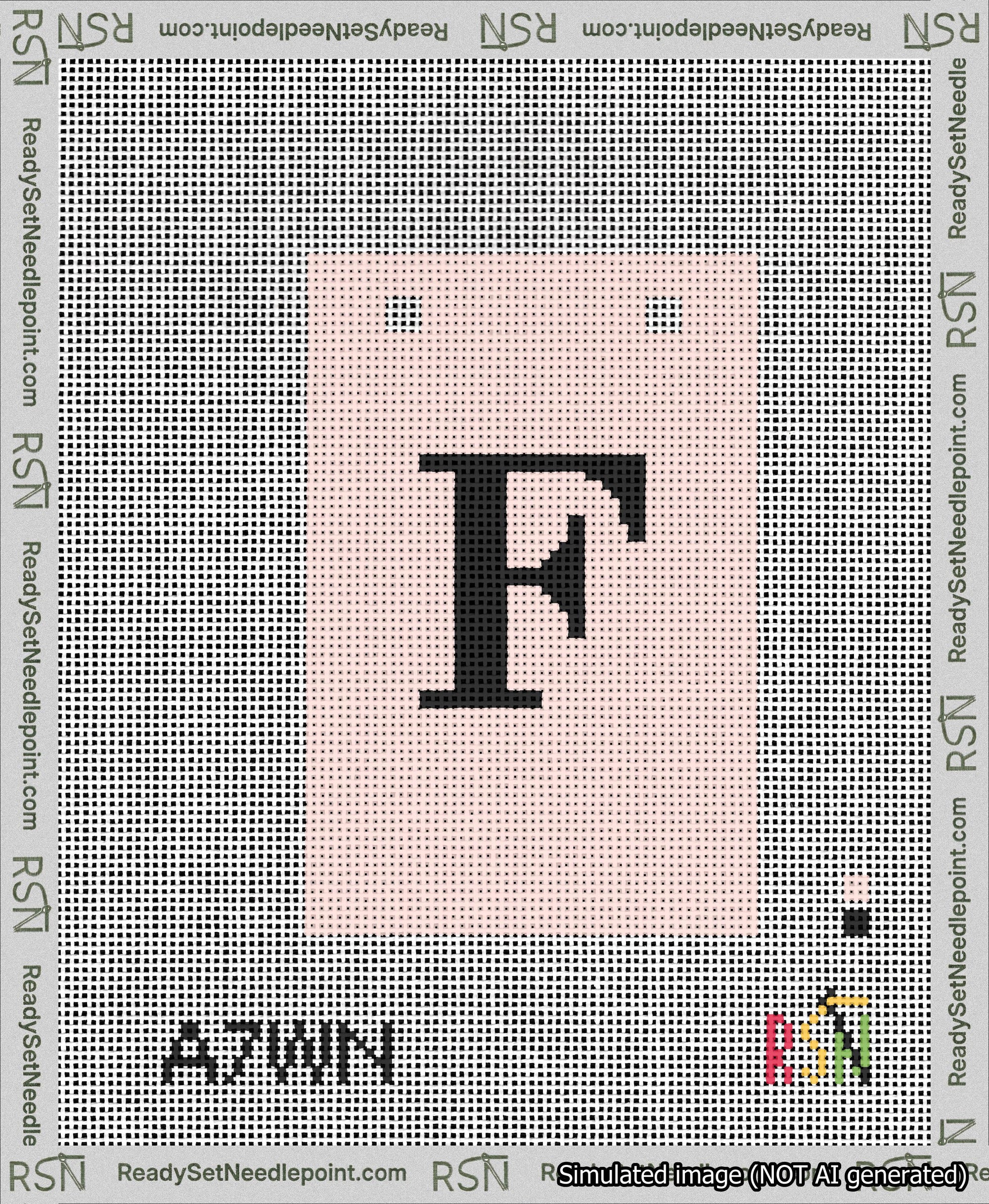 A taped needlepoint canvas with the design: Banner 13 mesh count Squared F Black on Pink.