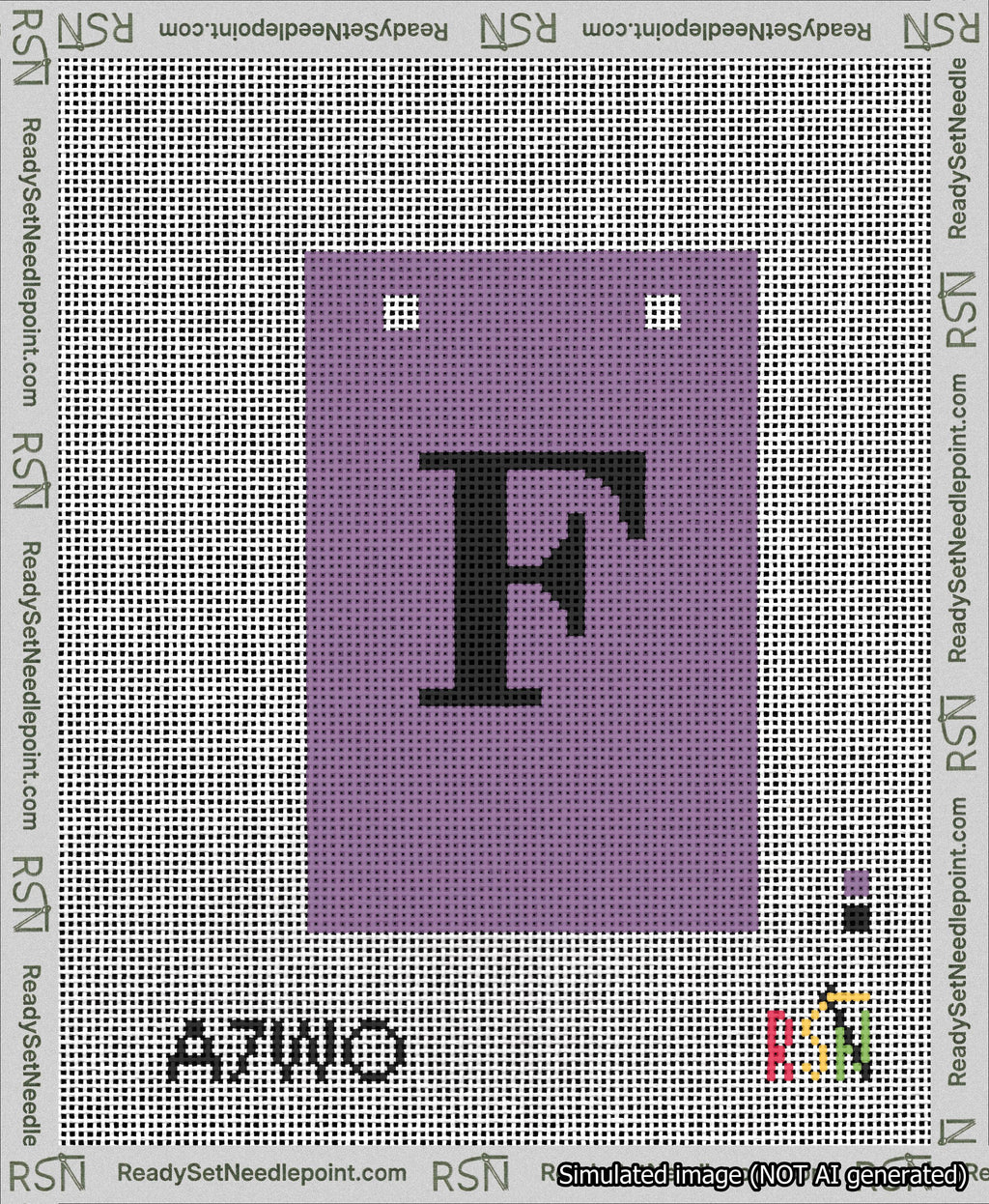 A taped needlepoint canvas with the design: Banner 13 mesh count Squared F Black on Purple.