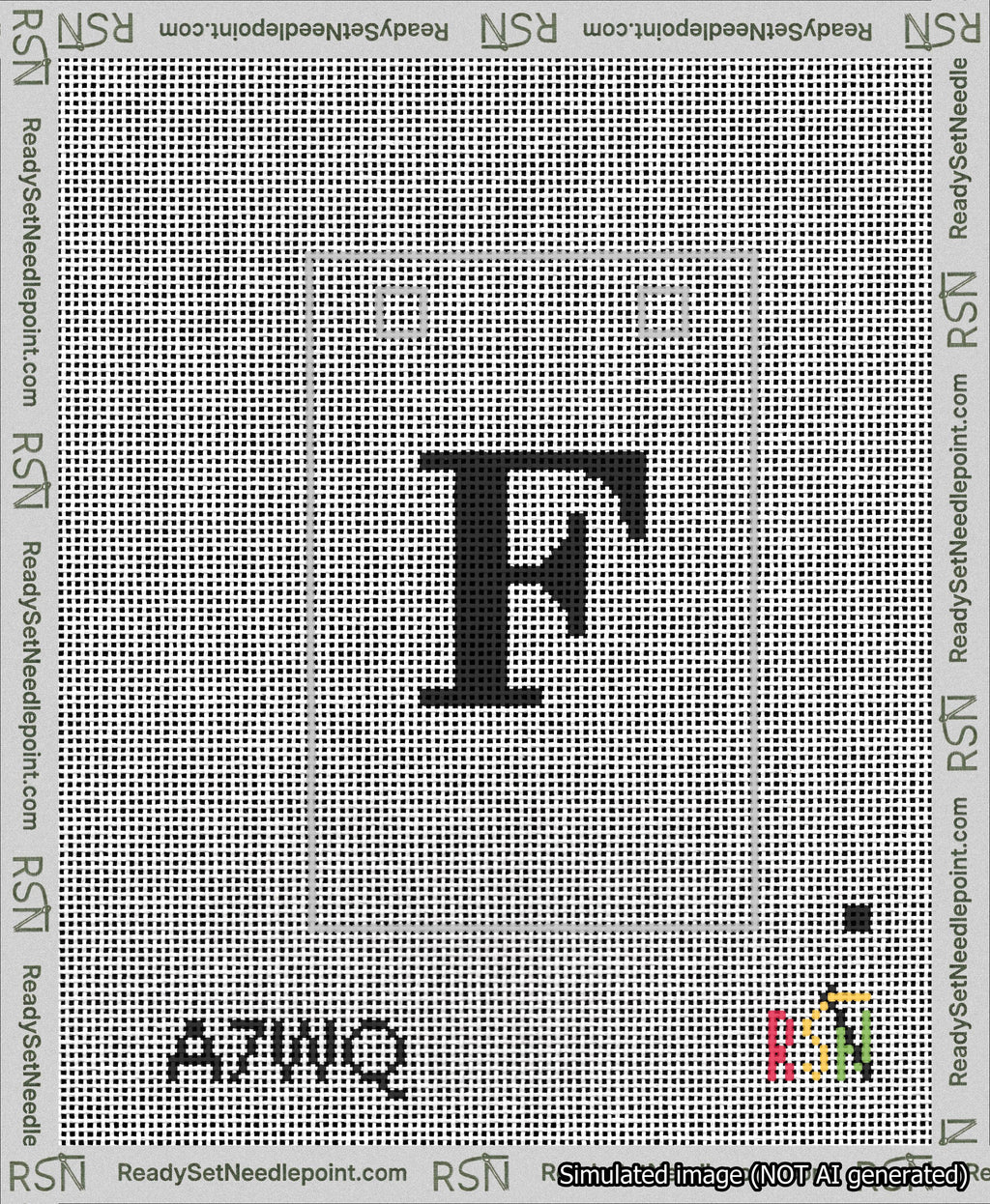 A taped needlepoint canvas with the design: Banner 13 mesh count Squared F Black on White.