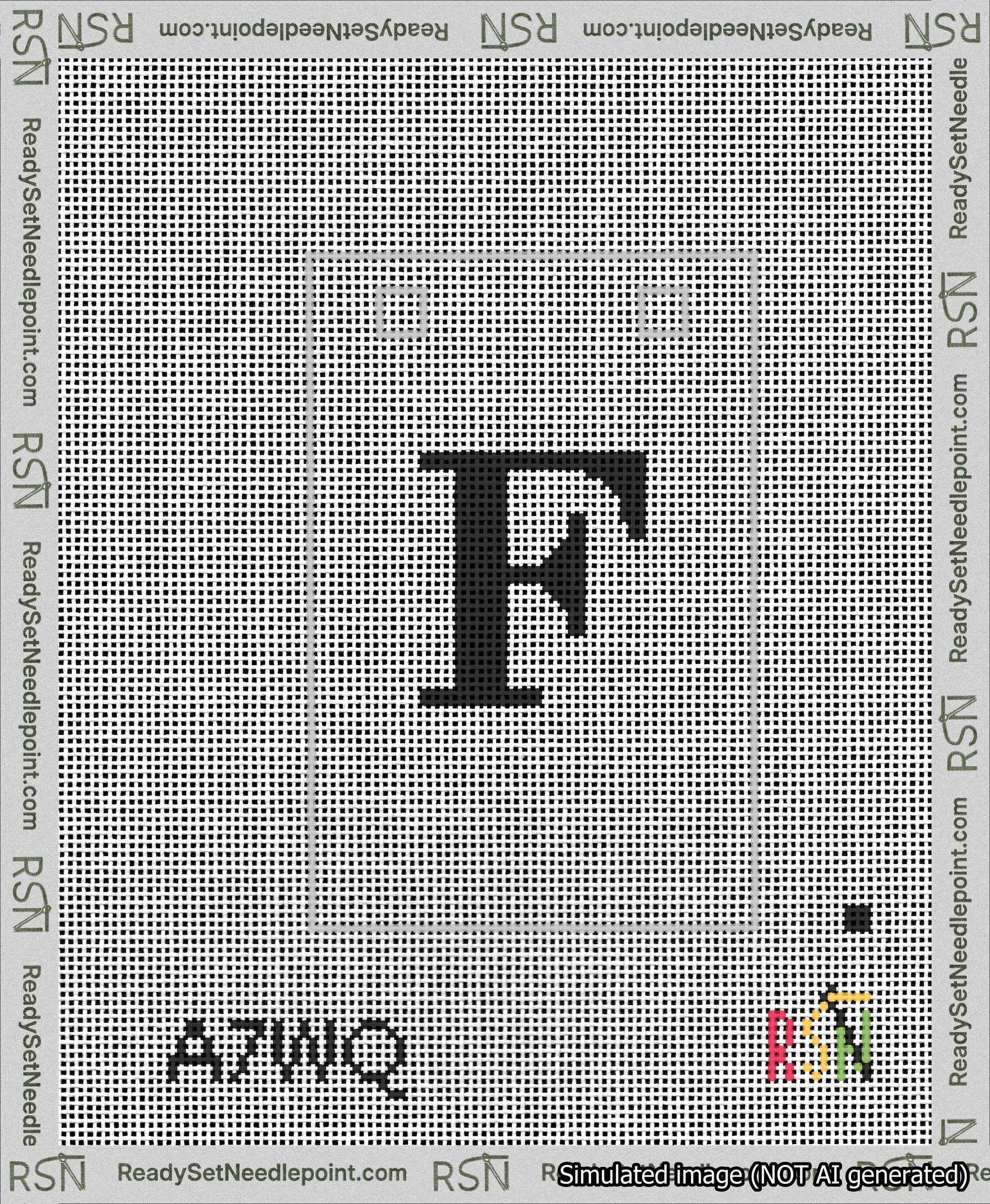 A taped needlepoint canvas with the design: Banner 13 mesh count Squared F Black on White.