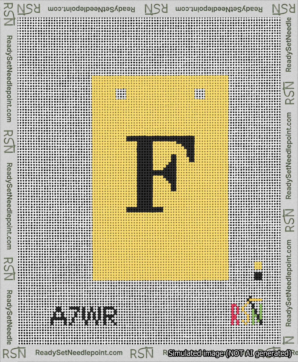 A taped needlepoint canvas with the design: Banner 13 mesh count Squared F Black on Yellow.