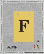 A taped needlepoint canvas with the design: Banner 13 mesh count Squared F Black on Yellow.