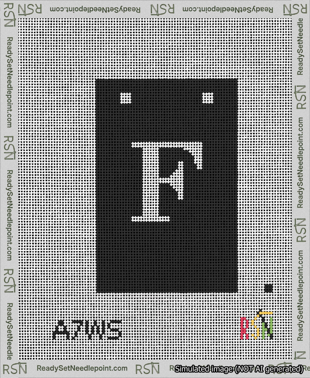 A taped needlepoint canvas with the design: Banner 13 mesh count Squared F White on Black.