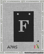 A taped needlepoint canvas with the design: Banner 13 mesh count Squared F White on Black.