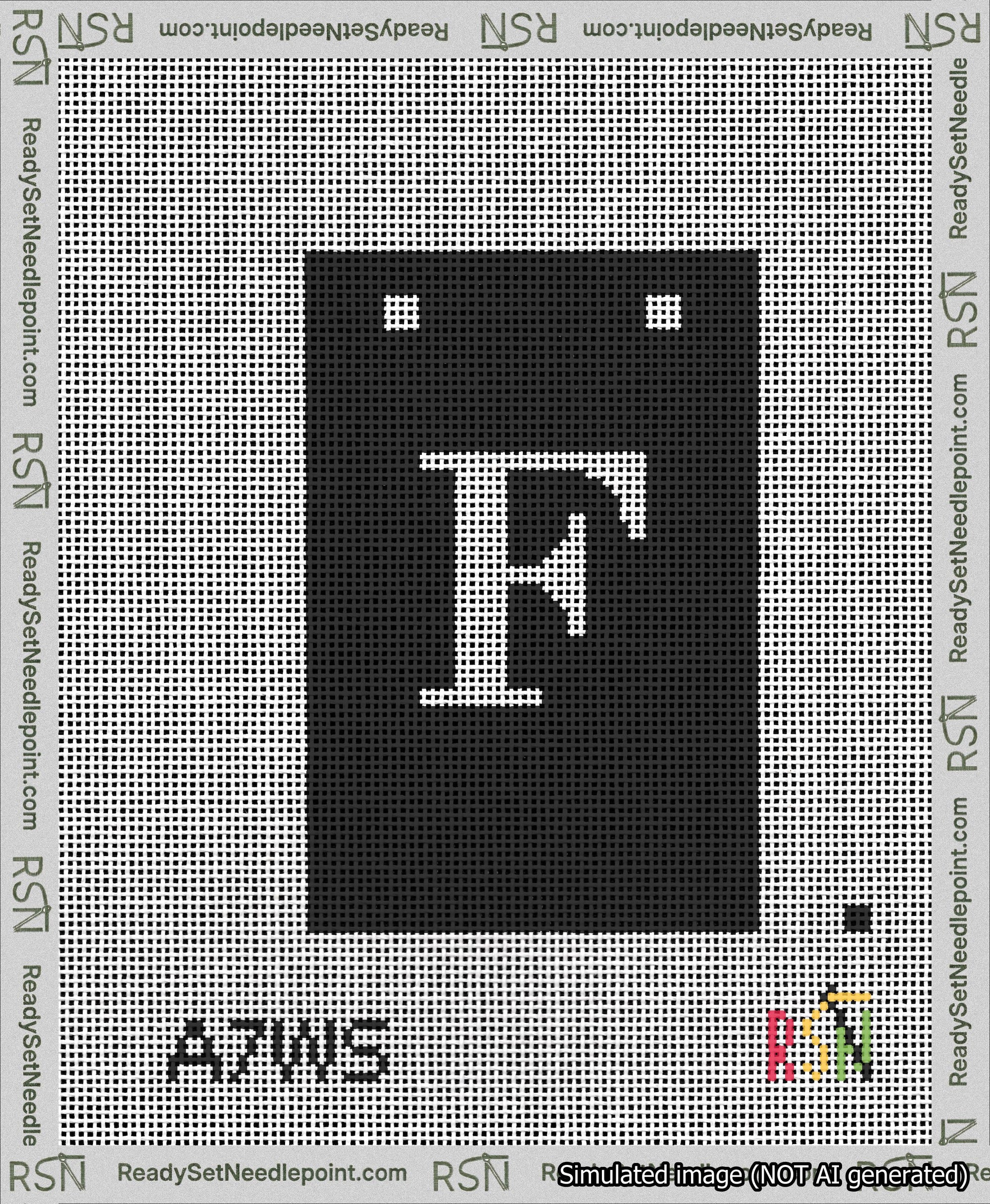 A taped needlepoint canvas with the design: Banner 13 mesh count Squared F White on Black.