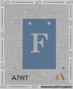 A taped needlepoint canvas with the design: Banner 13 mesh count Squared F White on Blue.