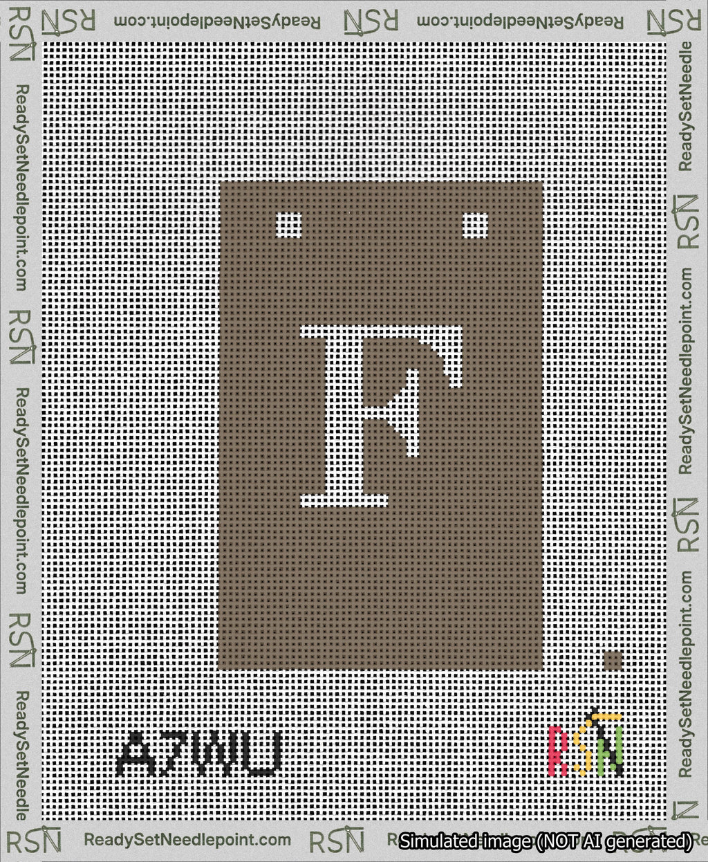 A taped needlepoint canvas with the design: Banner 13 mesh count Squared F White on Brown.
