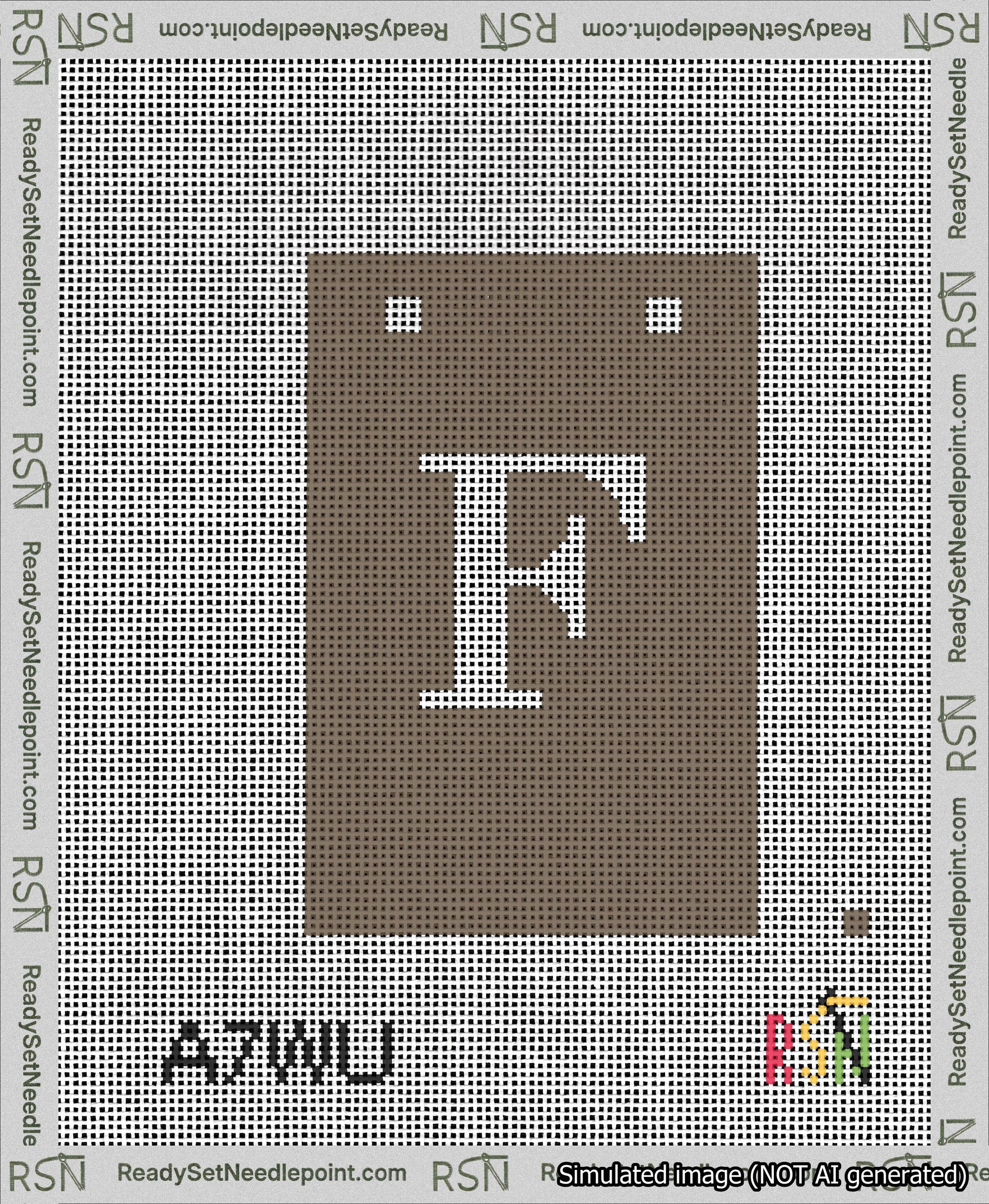 A taped needlepoint canvas with the design: Banner 13 mesh count Squared F White on Brown.