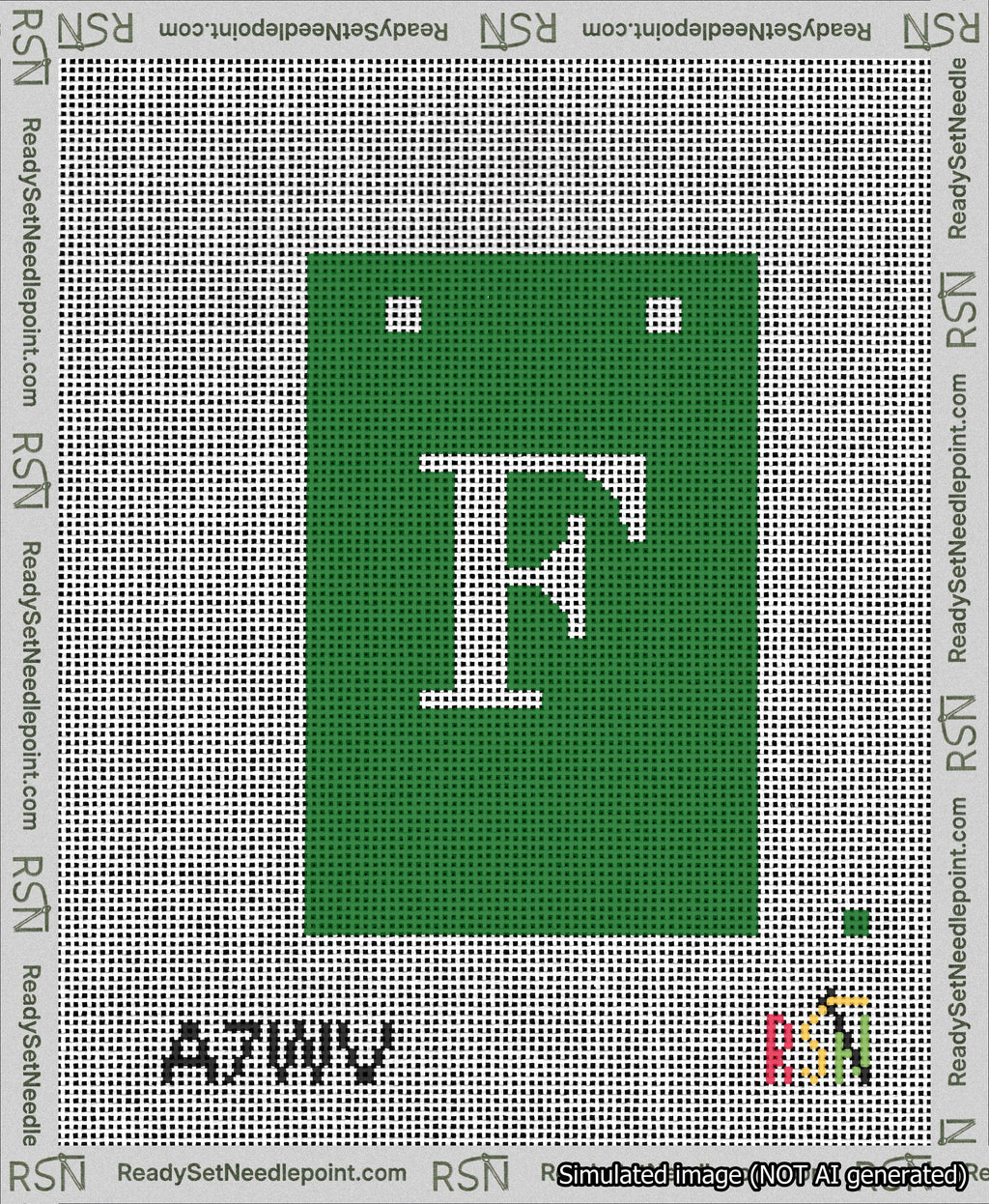 A taped needlepoint canvas with the design: Banner 13 mesh count Squared F White on Green.