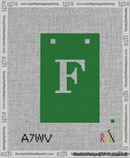 A taped needlepoint canvas with the design: Banner 13 mesh count Squared F White on Green.