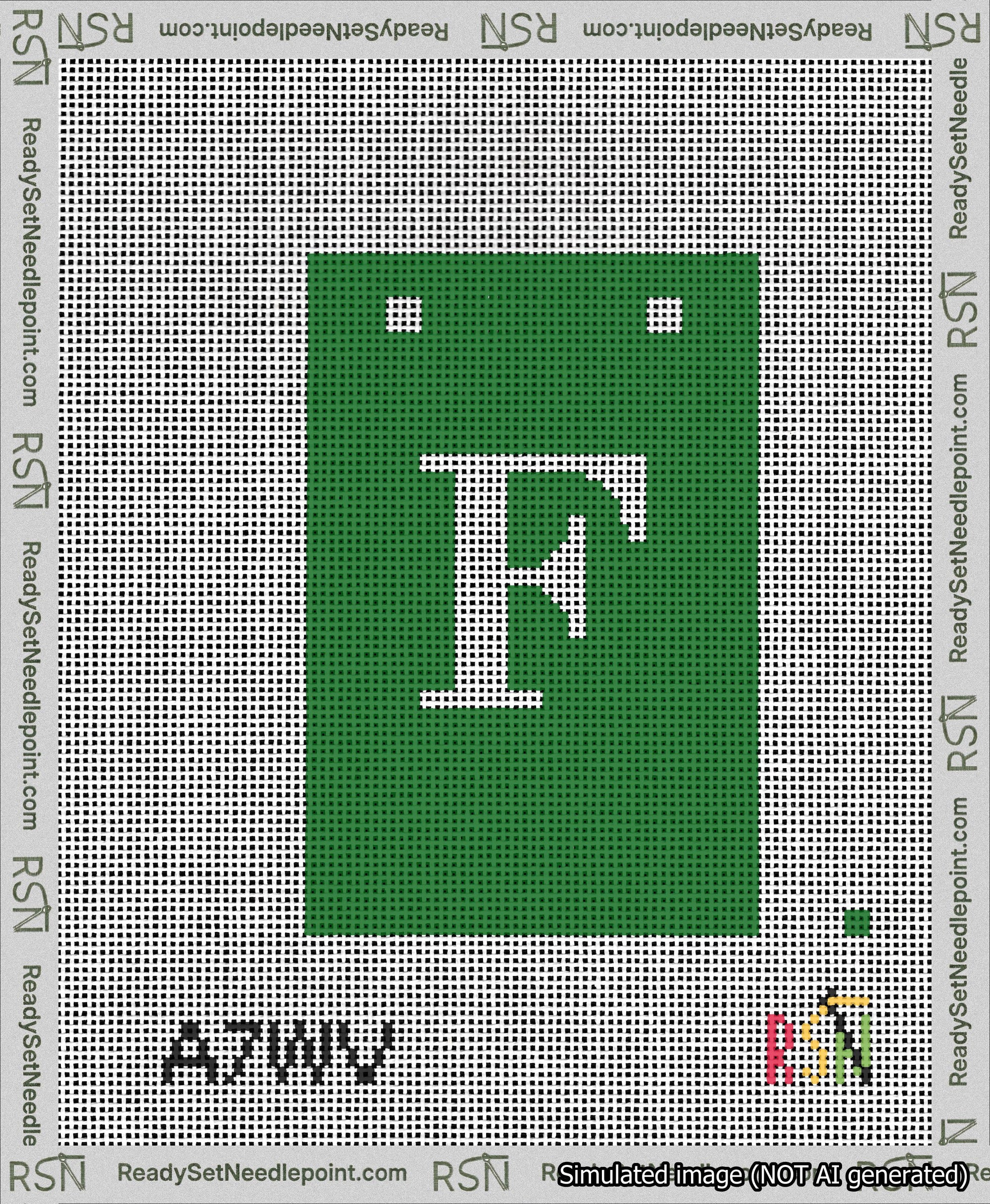 A taped needlepoint canvas with the design: Banner 13 mesh count Squared F White on Green.