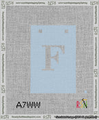 A taped needlepoint canvas with the design: Banner 13 mesh count Squared F White on Light Blue.