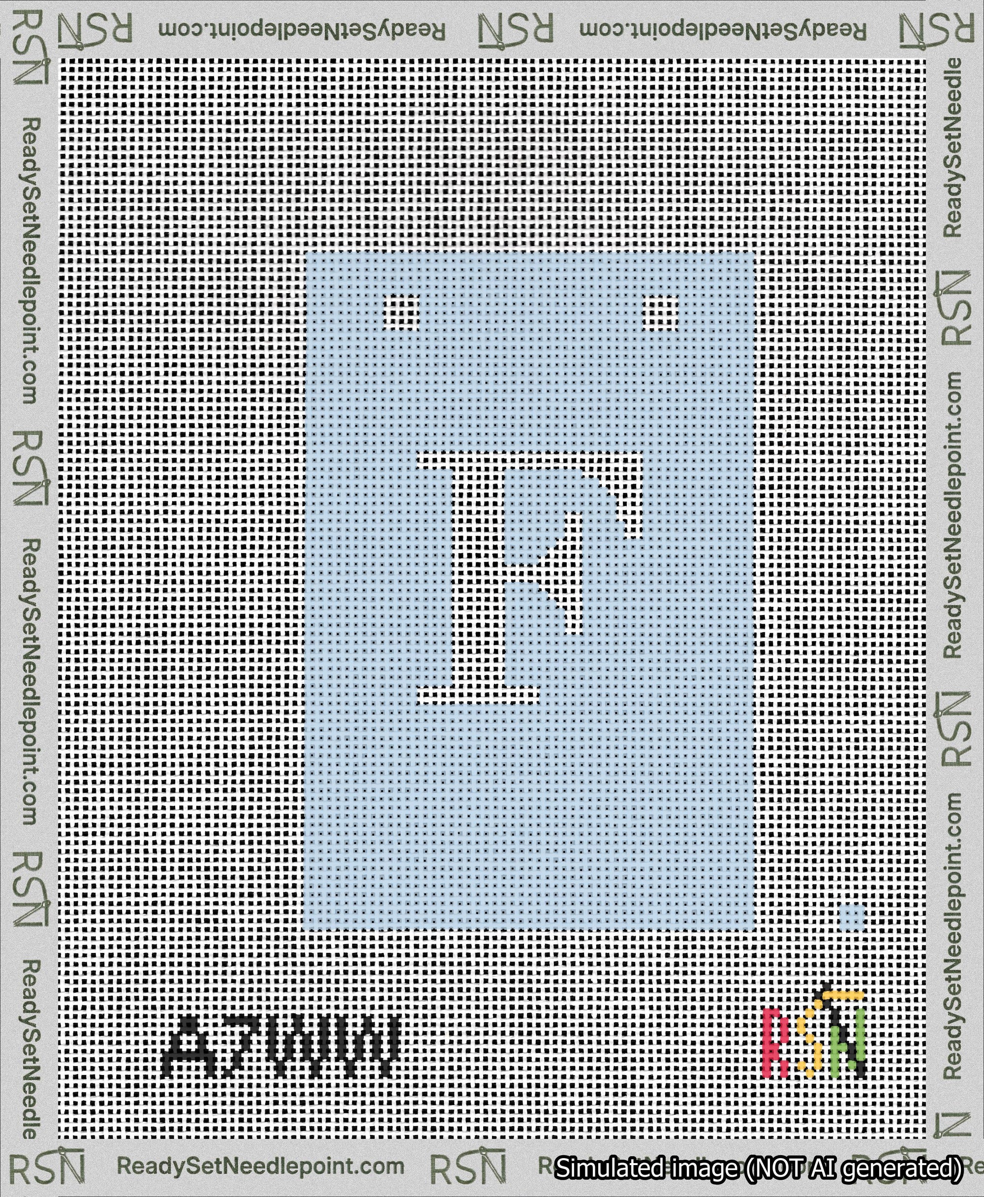 A taped needlepoint canvas with the design: Banner 13 mesh count Squared F White on Light Blue.