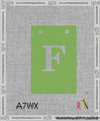 A taped needlepoint canvas with the design: Banner 13 mesh count Squared F White on Light Green.