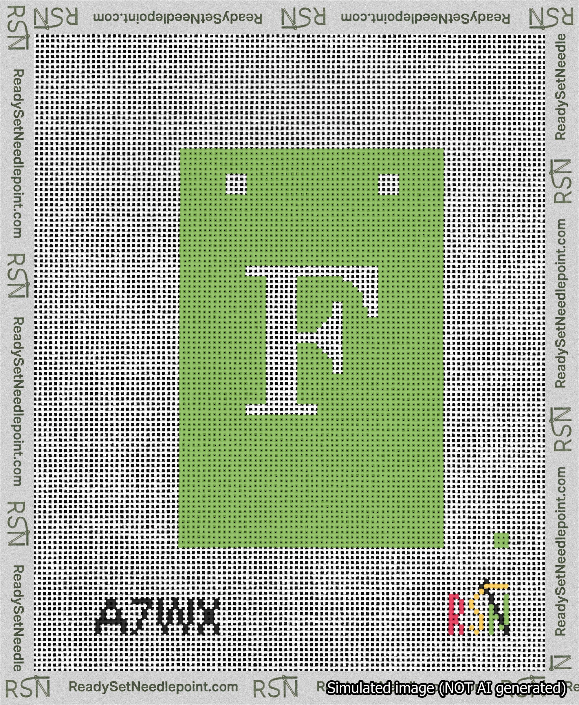 A taped needlepoint canvas with the design: Banner 13 mesh count Squared F White on Light Green.