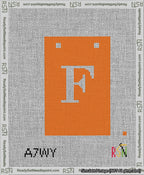 A taped needlepoint canvas with the design: Banner 13 mesh count Squared F White on Orange.
