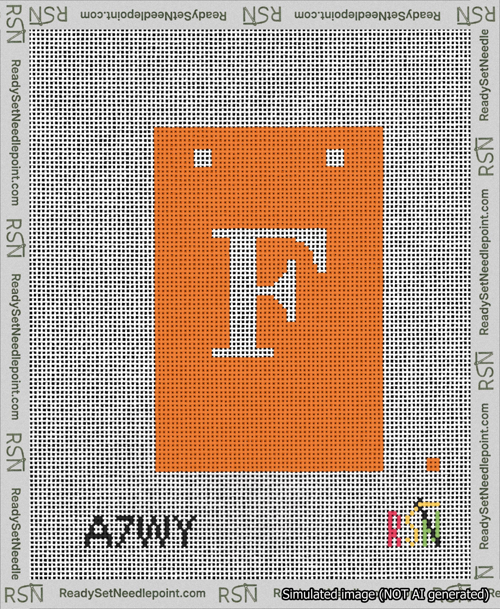 A taped needlepoint canvas with the design: Banner 13 mesh count Squared F White on Orange.