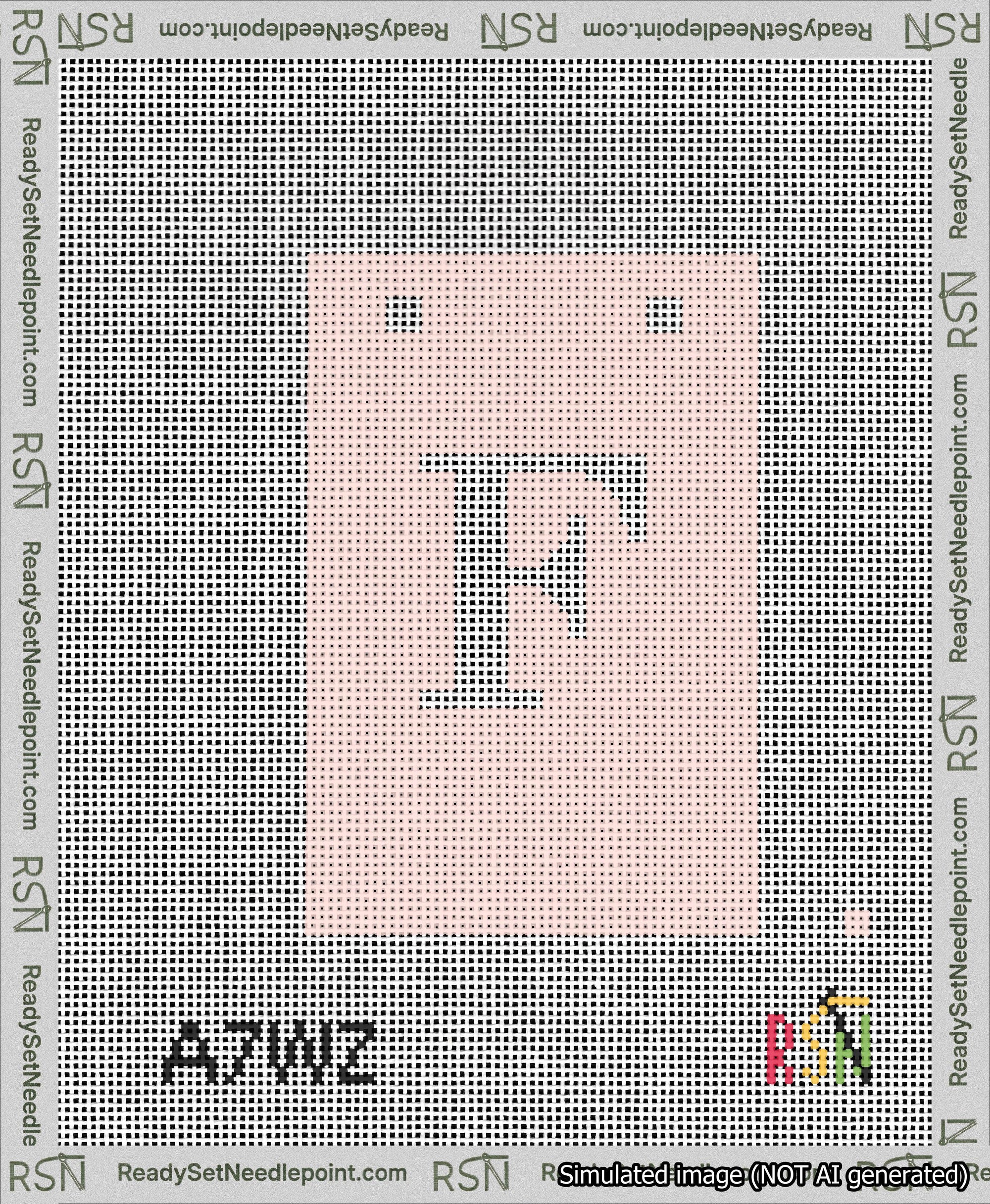 A taped needlepoint canvas with the design: Banner 13 mesh count Squared F White on Pink.