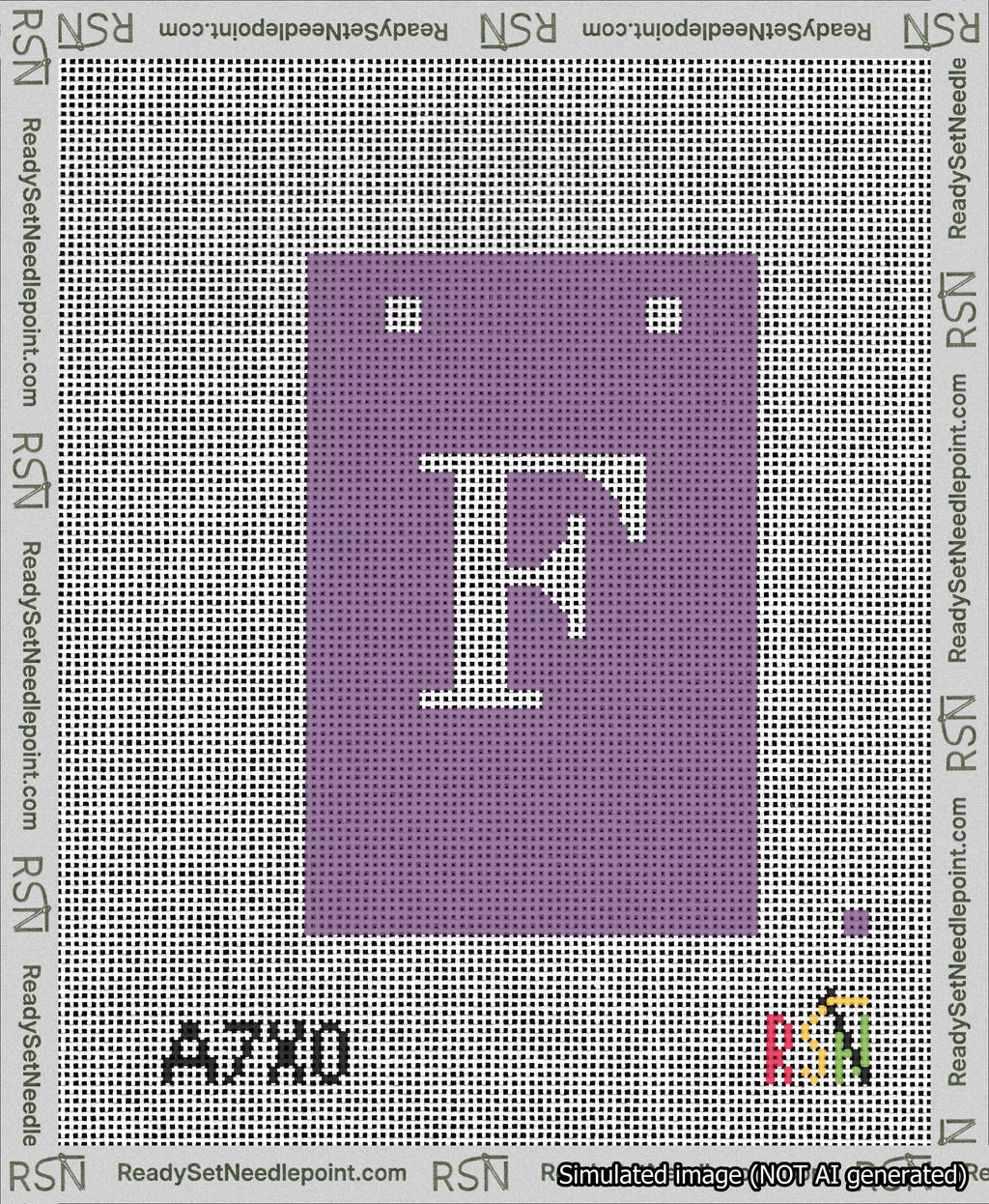 A taped needlepoint canvas with the design: Banner 13 mesh count Squared F White on Purple.