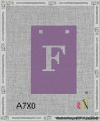 A taped needlepoint canvas with the design: Banner 13 mesh count Squared F White on Purple.
