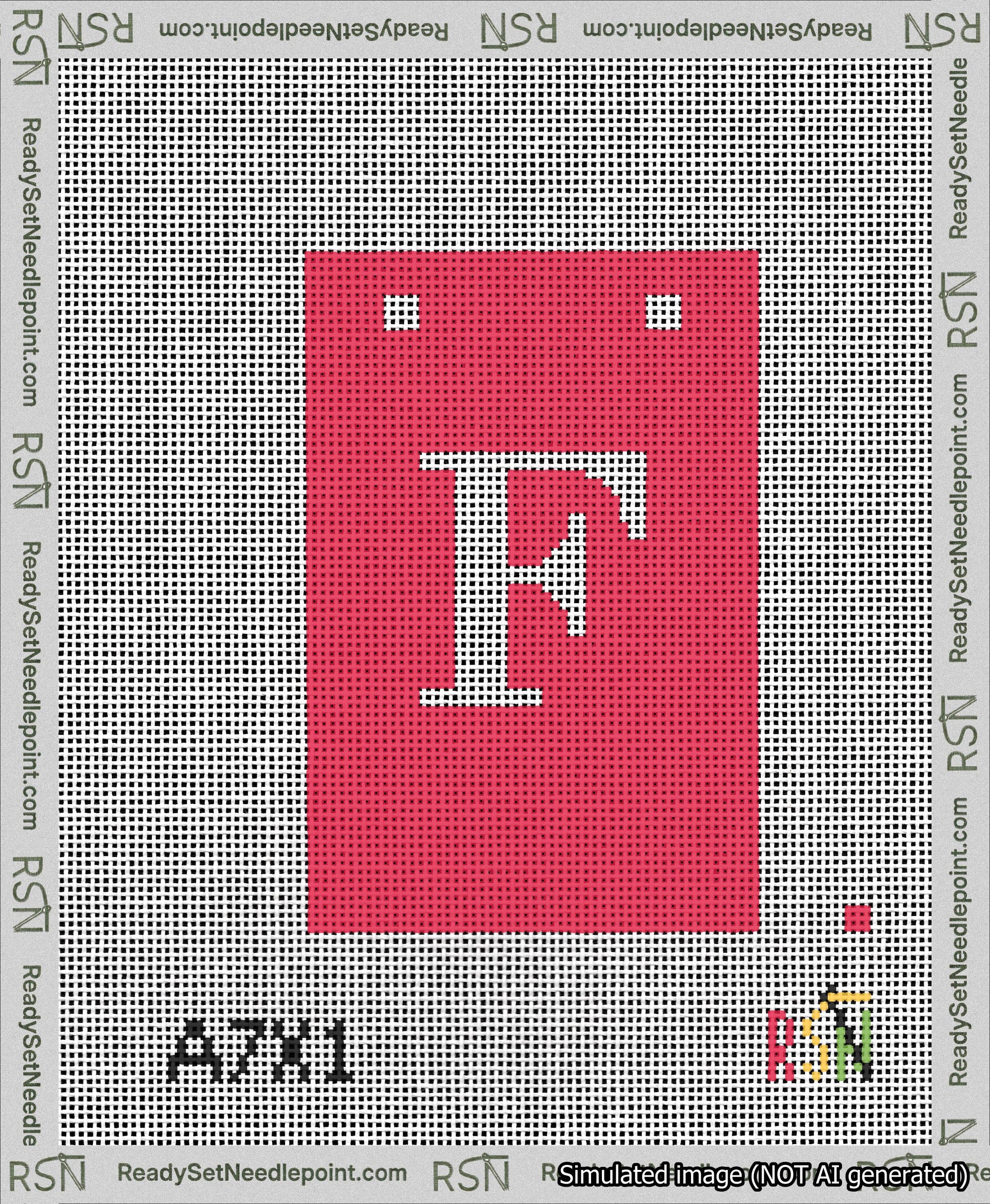 A taped needlepoint canvas with the design: Banner 13 mesh count Squared F White on Red.