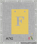 A taped needlepoint canvas with the design: Banner 13 mesh count Squared F White on Yellow.
