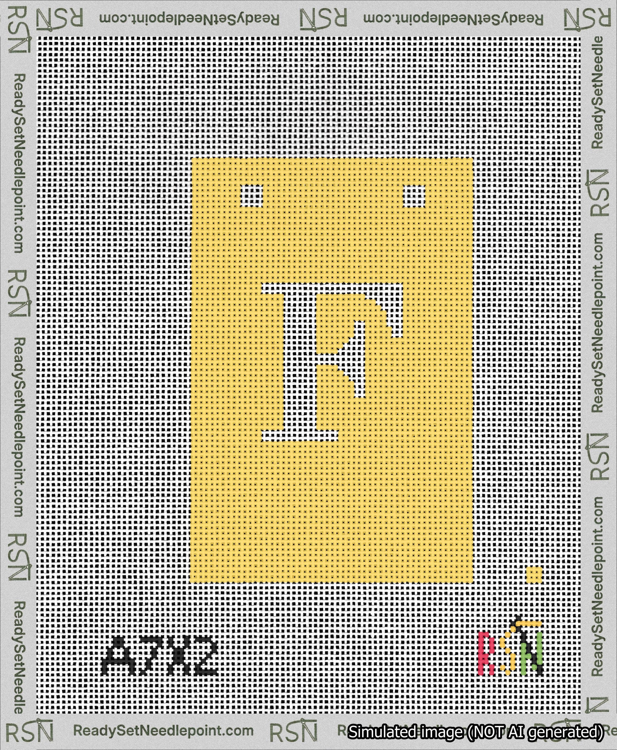 A taped needlepoint canvas with the design: Banner 13 mesh count Squared F White on Yellow.