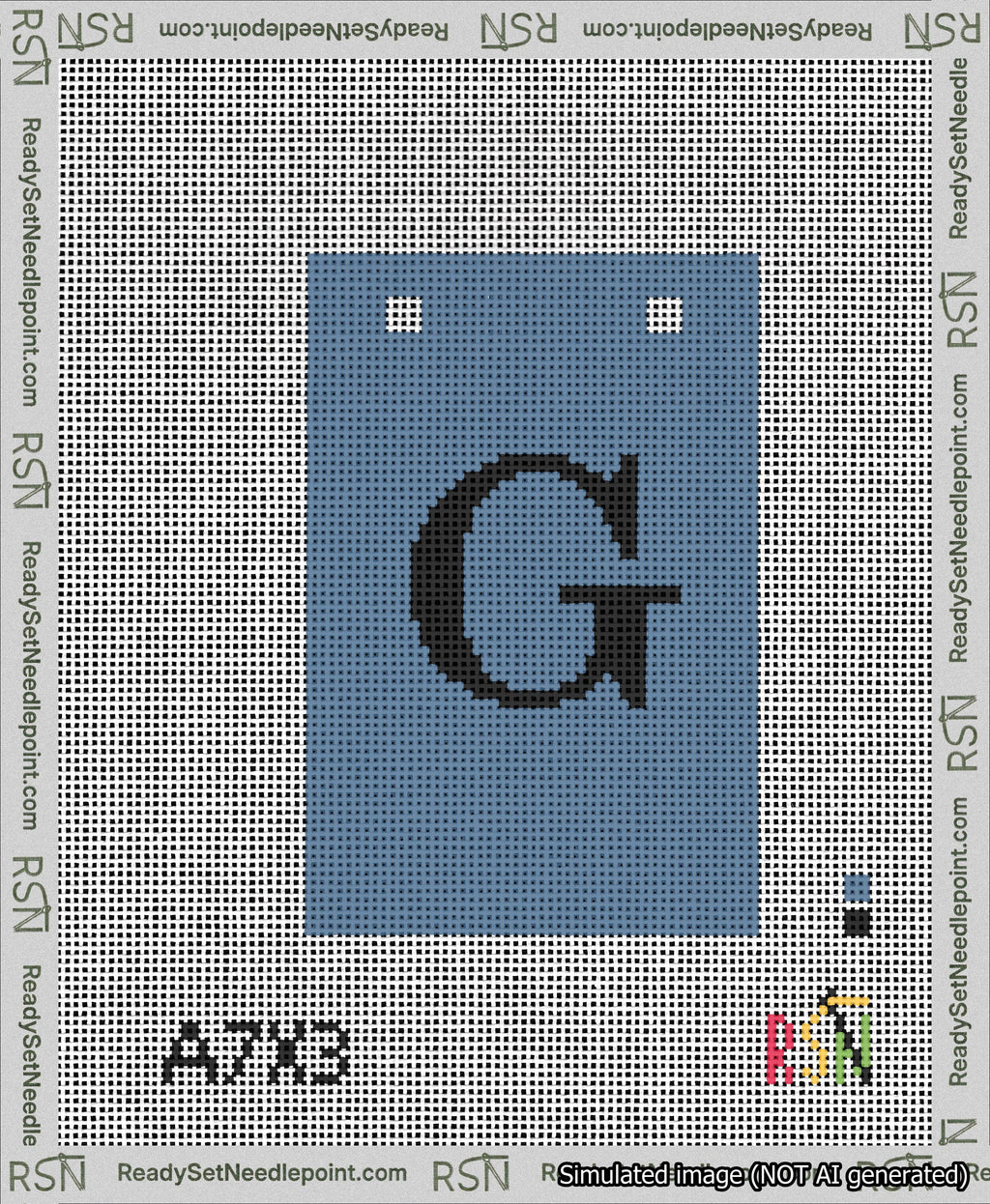 A taped needlepoint canvas with the design: Banner 13 mesh count Squared G Black on Blue.