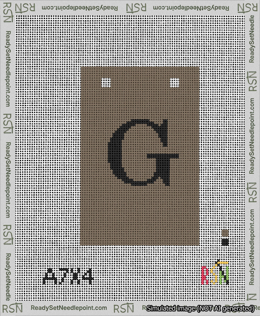 A taped needlepoint canvas with the design: Banner 13 mesh count Squared G Black on Brown.