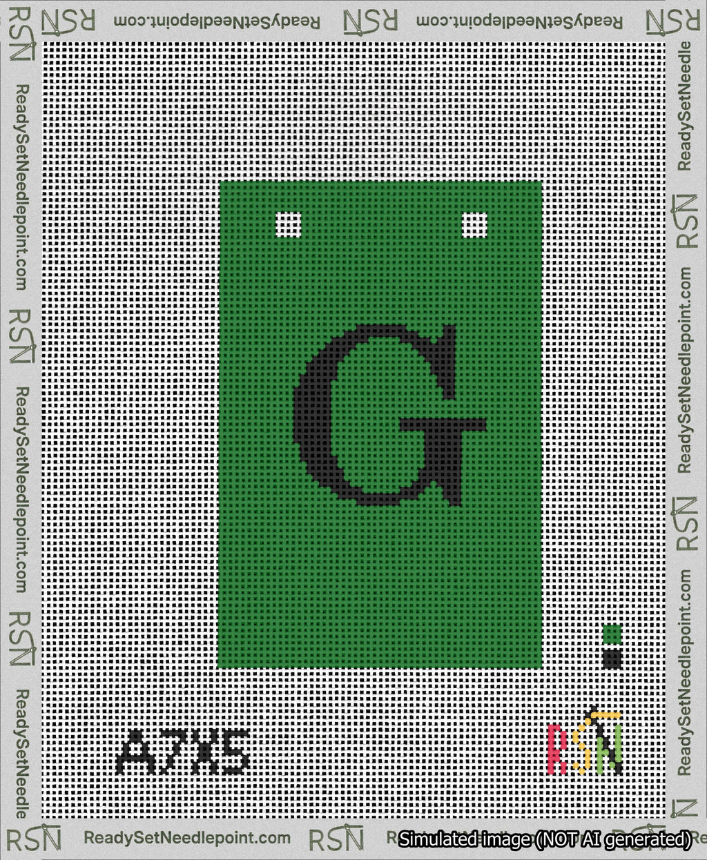 A taped needlepoint canvas with the design: Banner 13 mesh count Squared G Black on Green.