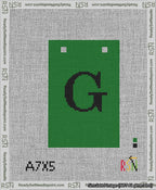 A taped needlepoint canvas with the design: Banner 13 mesh count Squared G Black on Green.