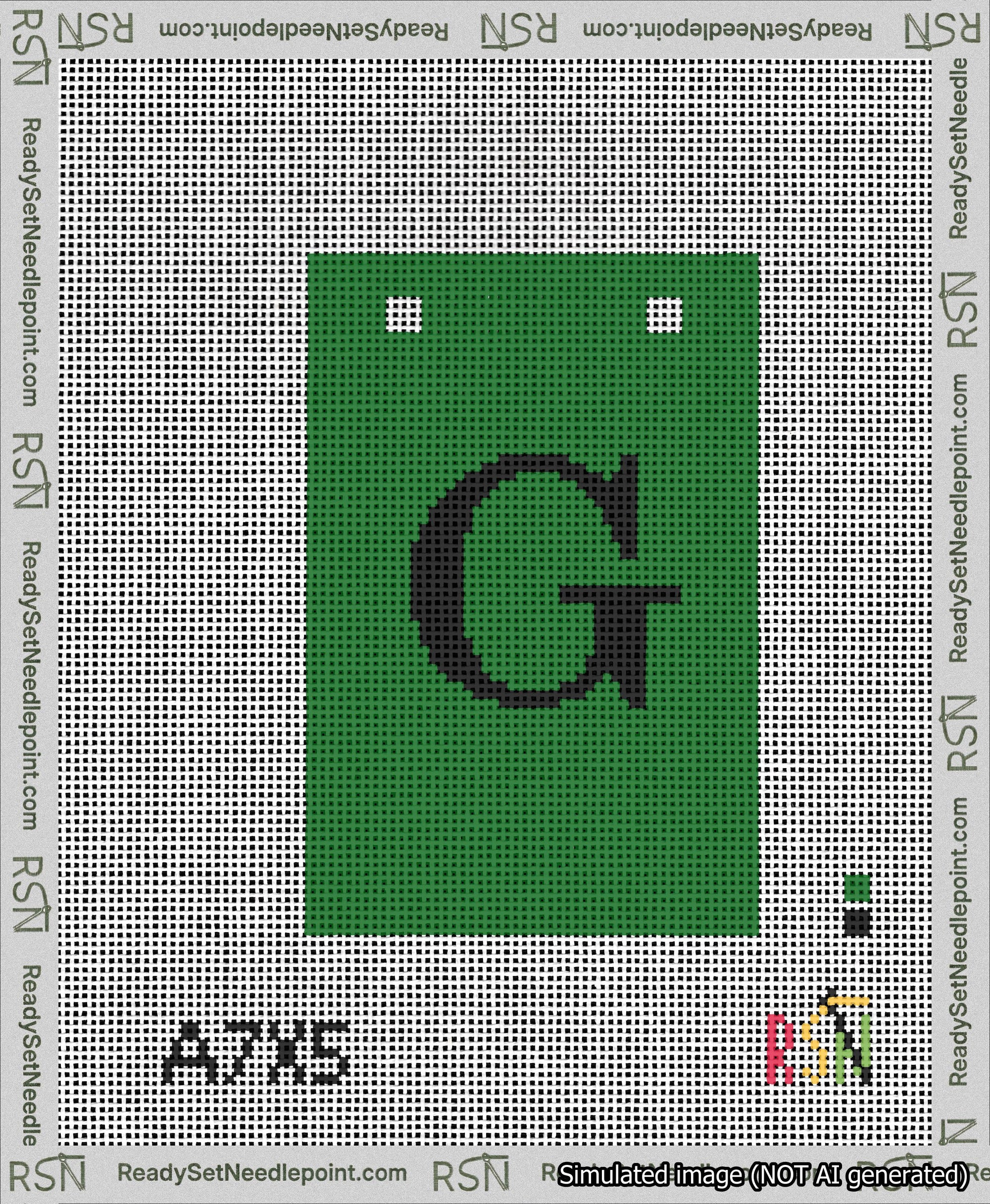 A taped needlepoint canvas with the design: Banner 13 mesh count Squared G Black on Green.