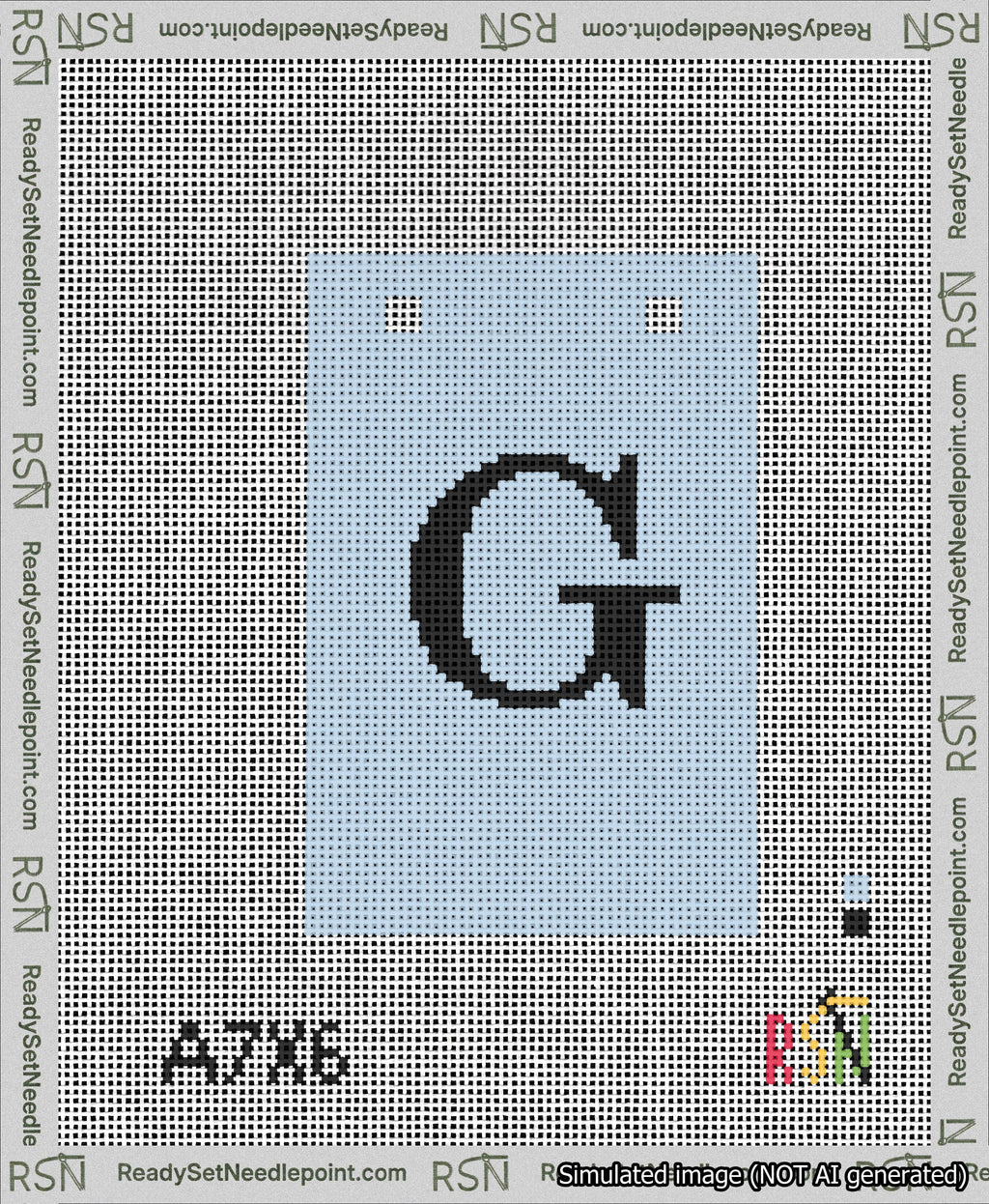 A taped needlepoint canvas with the design: Banner 13 mesh count Squared G Black on Light Blue.