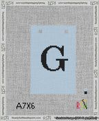A taped needlepoint canvas with the design: Banner 13 mesh count Squared G Black on Light Blue.