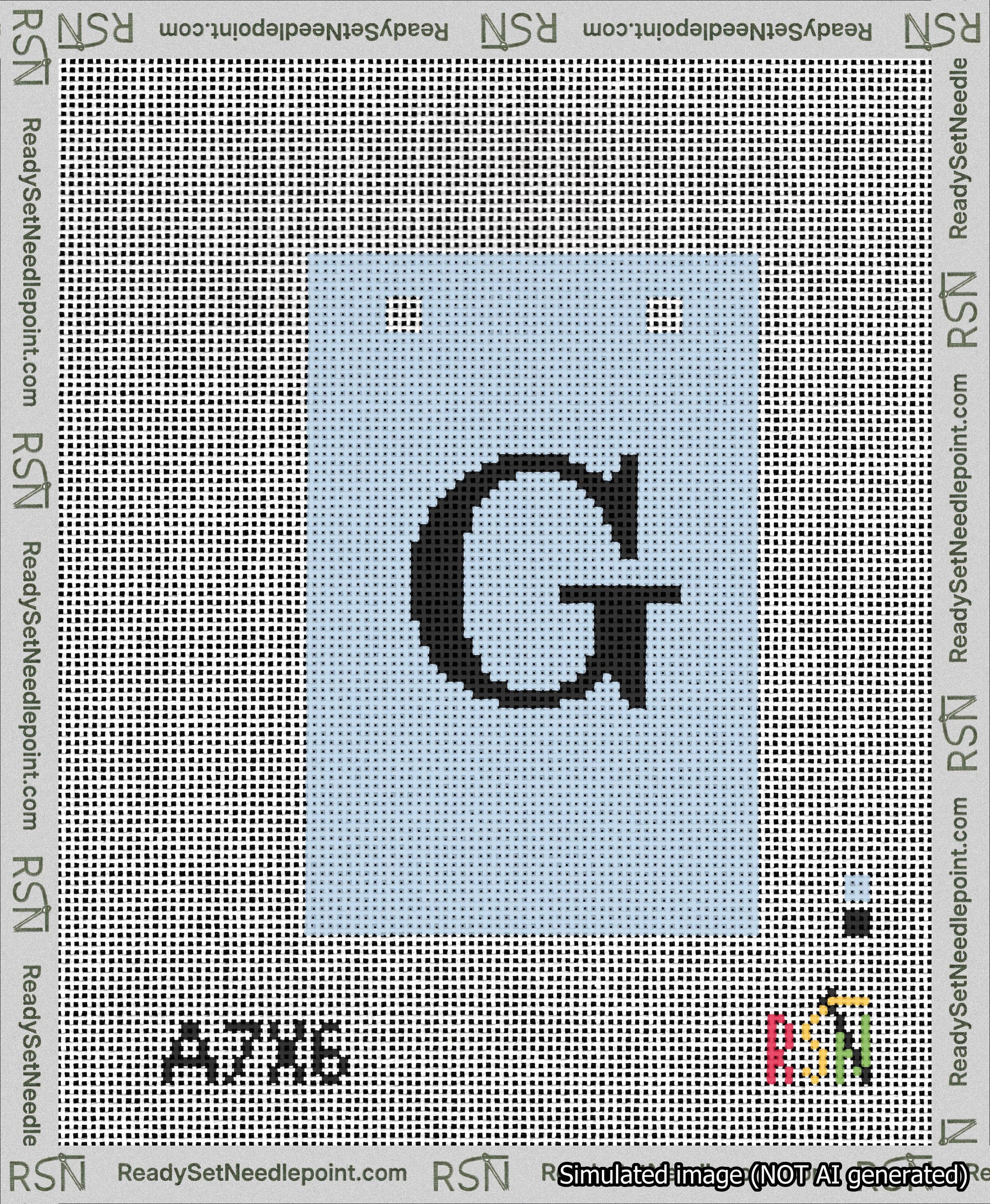 A taped needlepoint canvas with the design: Banner 13 mesh count Squared G Black on Light Blue.