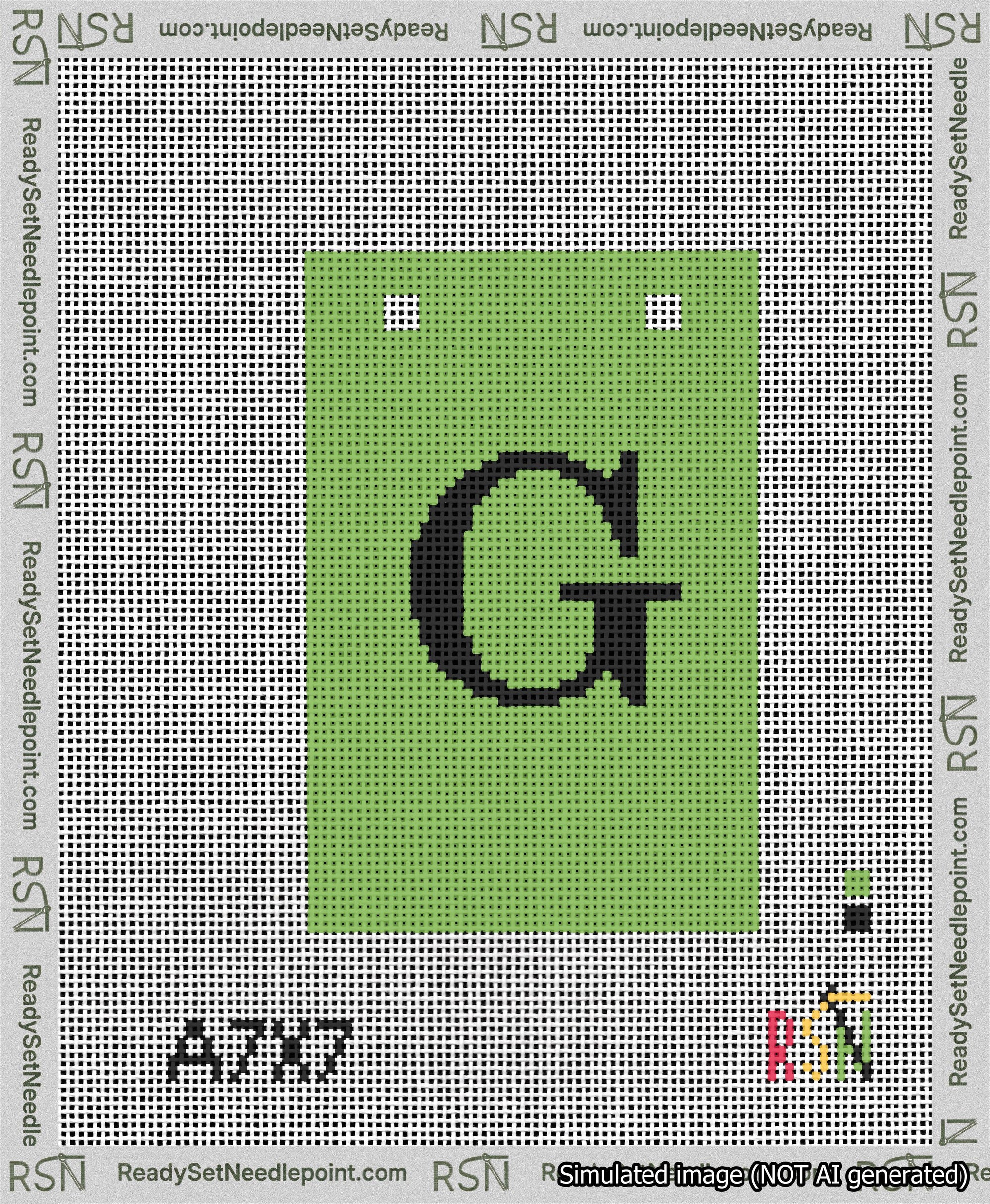 A taped needlepoint canvas with the design: Banner 13 mesh count Squared G Black on Light Green.