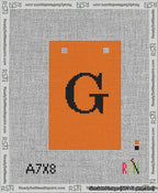 A taped needlepoint canvas with the design: Banner 13 mesh count Squared G Black on Orange.