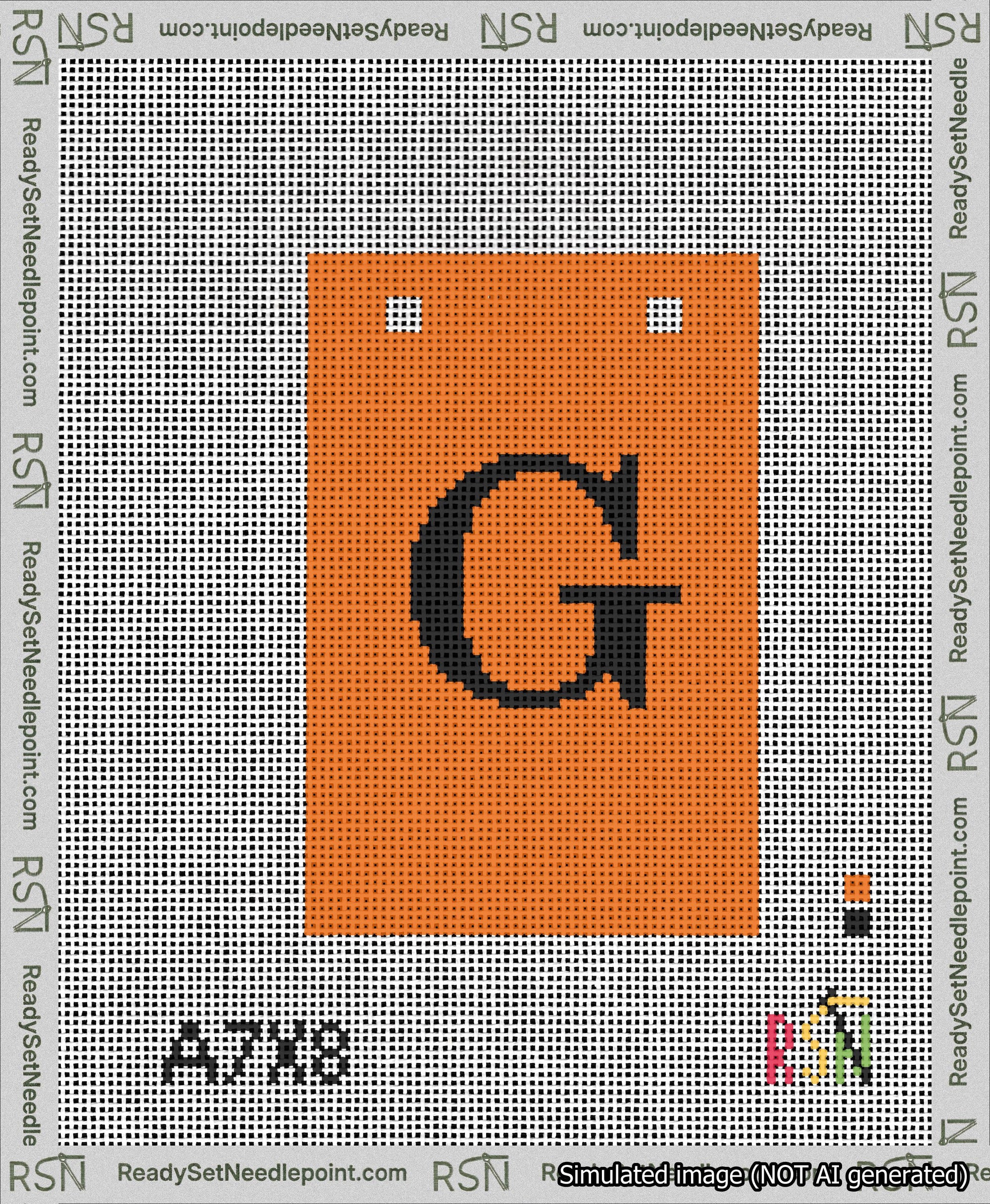 A taped needlepoint canvas with the design: Banner 13 mesh count Squared G Black on Orange.